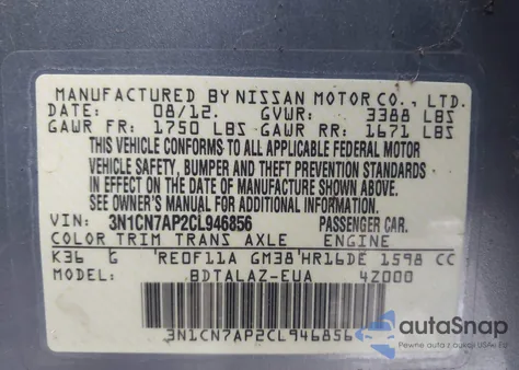 2012 Nissan Versa 1.6 S z USA, uszkodzony, nr VIN 3N1CN7AP2CL946856